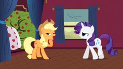 Size: 1920x1080 | Tagged: safe, screencap, character:applejack, character:bloomberg, character:rarity, episode:over a barrel, g4, my little pony: friendship is magic, apple, lidded eyes, out of context, tree