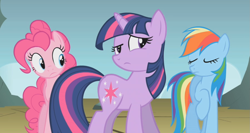 Size: 1343x717 | Tagged: safe, screencap, character:pinkie pie, character:rainbow dash, character:twilight sparkle, character:twilight sparkle (unicorn), species:earth pony, species:pegasus, species:pony, species:unicorn, episode:dragonshy, g4, my little pony: friendship is magic, eyes closed, female, mare, raised eyebrow, raised hoof, trio