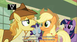 Size: 856x472 | Tagged: safe, screencap, character:applejack, character:braeburn, character:fluttershy, character:rarity, character:twilight sparkle, episode:over a barrel, g4, my little pony: friendship is magic, hub logo, tv rating, wat, youtube caption