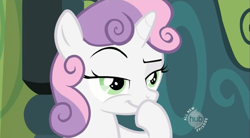 Size: 853x471 | Tagged: safe, screencap, character:sweetie belle, species:pony, species:unicorn, episode:family appreciation day, g4, my little pony: friendship is magic, devious, foreshadowing, grin, hub logo, lidded eyes, raised eyebrow, scheming belle, smiling, smirk, solo