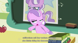 Size: 854x470 | Tagged: safe, screencap, character:diamond tiara, episode:ponyville confidential, g4, my little pony: friendship is magic, meme, ponyville schoolhouse, solo, wat, youtube caption