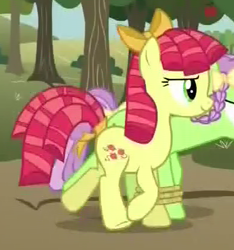 Size: 396x423 | Tagged: safe, screencap, character:auntie applesauce, species:earth pony, species:pony, episode:apple family reunion, g4, my little pony: friendship is magic, apple family member, background pony, bow, candy twirl, cropped, duo, female, hair bow, mare, seven-legged race
