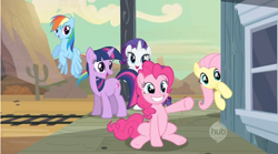 Size: 1280x710 | Tagged: safe, screencap, character:fluttershy, character:pinkie pie, character:rainbow dash, character:rarity, character:twilight sparkle, episode:the last roundup, g4, my little pony: friendship is magic, hub logo, hubble, the hub