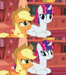 Size: 1136x1279 | Tagged: safe, screencap, character:applejack, character:rarity, species:earth pony, species:pony, species:unicorn, episode:look before you sleep, g4, my little pony: friendship is magic, angry, annoyed, duo, eye contact, female, frown, glare, golden oaks library, grin, hair curlers, lidded eyes, looking at each other, mare, nose wrinkle, ponyloaf, prone, scrunchy face, smiling, smirk