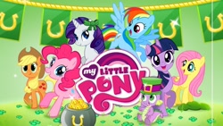 Size: 1136x640 | Tagged: safe, gameloft, screencap, character:applejack, character:fluttershy, character:pinkie pie, character:rainbow dash, character:rarity, character:spike, character:twilight sparkle, species:dragon, species:earth pony, species:pegasus, species:pony, species:unicorn, bits, bow, clothing, clover, female, four leaf clover, green, hat, loading screen, male, mane seven, mane six, mare, my little pony logo, pot of gold, saint patrick's day, stock vector