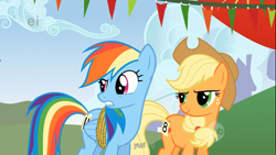 Size: 1366x768 | Tagged: safe, screencap, character:applejack, character:rainbow dash, episode:fall weather friends, g4, my little pony: friendship is magic, running of the leaves, youtube caption