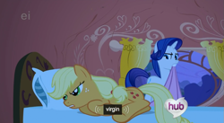 Size: 917x504 | Tagged: safe, screencap, character:applejack, character:rarity, episode:look before you sleep, g4, my little pony: friendship is magic, virgin, youtube caption