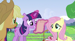 Size: 851x470 | Tagged: safe, screencap, character:applejack, character:fluttershy, character:twilight sparkle, appletwishy, youtube caption