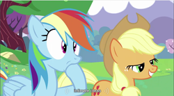 Size: 856x473 | Tagged: safe, screencap, character:applejack, character:rainbow dash, youtube caption
