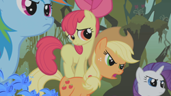 Size: 1280x720 | Tagged: safe, screencap, character:apple bloom, character:applejack, character:rainbow dash, character:rarity, species:earth pony, species:pegasus, species:pony, species:unicorn, episode:bridle gossip, g4, my little pony: friendship is magic, cute, everfree forest, female, filly, frown, glare, mare, open mouth, poison joke, ponies riding ponies, riding, sad, tree