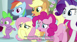 Size: 852x471 | Tagged: safe, screencap, character:applejack, character:fluttershy, character:pinkie pie, character:rainbow dash, character:rarity, youtube caption