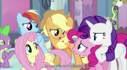 Size: 856x471 | Tagged: safe, screencap, character:applejack, character:fluttershy, character:pinkie pie, character:rainbow dash, character:rarity, god, youtube caption
