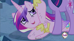 Size: 853x472 | Tagged: safe, screencap, character:princess cadance, character:twilight sparkle, episode:a canterlot wedding, g4, my little pony: friendship is magic, hub logo, out of context, youtube caption