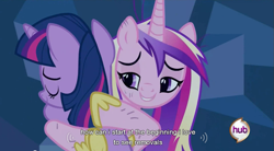 Size: 851x471 | Tagged: safe, screencap, character:princess cadance, character:twilight sparkle, episode:a canterlot wedding, g4, my little pony: friendship is magic, crystal caverns, hub logo, youtube caption