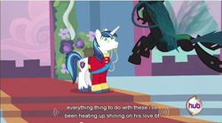 Size: 854x475 | Tagged: safe, screencap, character:queen chrysalis, character:shining armor, species:changeling, species:pony, species:unicorn, episode:a canterlot wedding, g4, my little pony: friendship is magic, changeling queen, clothing, female, mind control, pounce, unshorn fetlocks, youtube caption