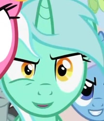 Size: 418x487 | Tagged: safe, screencap, character:cherry berry, character:lyra heartstrings, character:minuette, episode:the super speedy cider squeezy 6000, g4, my little pony: friendship is magic, cropped, i'm sickened, i'm sickened but curious, inverted mouth, looking at you, solo focus