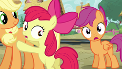 Size: 1280x720 | Tagged: safe, screencap, character:apple bloom, character:applejack, character:scootaloo, species:earth pony, species:pegasus, species:pony, episode:just for sidekicks, g4, my little pony: friendship is magic, female, filly, looking at you, looking back, mare, reaction image, wide eyes