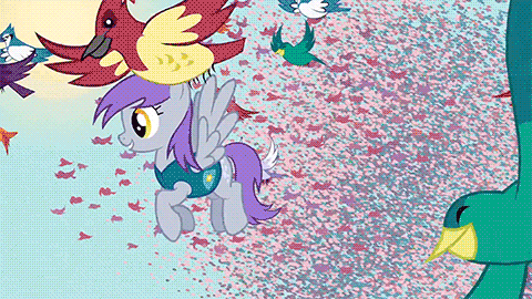 Size: 480x270 | Tagged: safe, screencap, character:constance, species:bird, species:pegasus, species:pony, episode:winter wrap up, g4, my little pony: friendship is magic, animated, background pony, blue jay, ditzy doo, female, flock, flutter doo, flying, loop, mare, migration, purple mane, recolor, songbird, weather team, winter wrap up vest