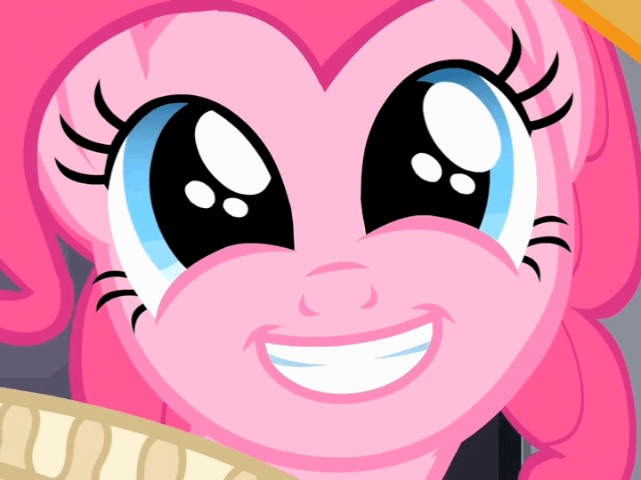 Size: 720x540 | Tagged: safe, screencap, character:pinkie pie, episode:hearth's warming eve, g4, my little pony: friendship is magic, animated, brilliant face, chancellor puddinghead, cropped, eye shimmer, faec, looking at you, smiling, solo