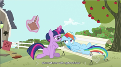 Size: 853x475 | Tagged: safe, screencap, character:rainbow dash, character:twilight sparkle, episode:lesson zero, g4, my little pony: friendship is magic, hub logo, youtube caption