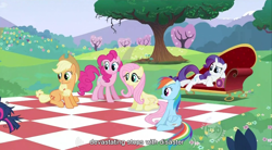Size: 854x470 | Tagged: safe, screencap, character:applejack, character:fluttershy, character:pinkie pie, character:rainbow dash, character:rarity, character:twilight sparkle, episode:lesson zero, g4, my little pony: friendship is magic, fainting couch, hub logo, mane six, youtube caption
