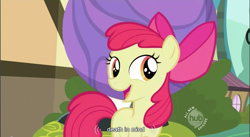 Size: 857x471 | Tagged: safe, screencap, character:apple bloom, episode:the cutie pox, g4, my little pony: friendship is magic, hub logo, youtube caption