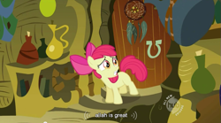 Size: 853x473 | Tagged: safe, screencap, character:apple bloom, episode:the cutie pox, g4, my little pony: friendship is magic, hub logo, islam, meme, solo, youtube caption, zecora's hut