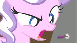 Size: 1366x768 | Tagged: safe, screencap, character:diamond tiara, episode:ponyville confidential, g4, my little pony: friendship is magic, hub logo, youtube caption, youtube link