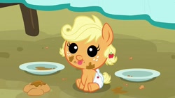Size: 600x338 | Tagged: safe, screencap, character:applejack, species:earth pony, species:pony, episode:apple family reunion, g4, my little pony: friendship is magic, :t, apple fritter (food), baby, babyjack, blep, cute, diaper, female, jackabetes, messy eating, plate, smiling, solo, tongue out