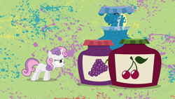 Size: 1280x720 | Tagged: safe, screencap, character:hugh jelly, character:sweetie belle, species:pony, species:unicorn, episode:hearts and hooves day, g4, my little pony: friendship is magic, abstract background, cherry jam, duo, faec, female, filly, grape jam, jam, jelly, male, stallion, the perfect stallion