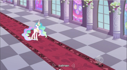 Size: 856x476 | Tagged: safe, screencap, character:princess celestia, episode:the crystal empire, g4, my little pony: friendship is magic, batman, looking up, meme, solo, walking, youtube caption
