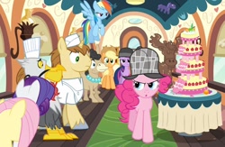 Size: 600x390 | Tagged: safe, screencap, character:applejack, character:donut joe, character:fluttershy, character:gustave le grande, character:pinkie pie, character:rainbow dash, character:rarity, character:twilight sparkle, species:donkey, species:earth pony, species:griffon, species:mule, species:pegasus, species:pony, species:unicorn, episode:mmmystery on the friendship express, g4, my little pony: friendship is magic, cake, female, food, gustave le grande, hybrid, male, mare, mulia mild, stallion, toque