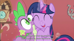 Size: 856x473 | Tagged: safe, screencap, character:spike, character:twilight sparkle, species:dragon, species:pony, species:unicorn, female, magic, magical encouragement, male, mare, youtube caption