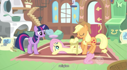 Size: 853x473 | Tagged: safe, screencap, character:applejack, character:fluttershy, character:twilight sparkle, episode:the return of harmony, g4, my little pony: friendship is magic, appletwishy, religion, youtube caption