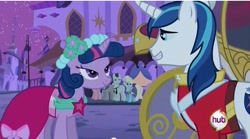 Size: 639x356 | Tagged: safe, screencap, character:bruce mane, character:eclair créme, character:shining armor, character:twilight sparkle, episode:a canterlot wedding, g4, my little pony: friendship is magic, bedroom eyes, hub logo, out of context