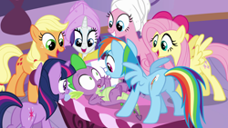 Size: 1920x1080 | Tagged: safe, screencap, character:applejack, character:fluttershy, character:pinkie pie, character:rainbow dash, character:rarity, character:spike, character:twilight sparkle, character:twilight sparkle (unicorn), species:pony, species:unicorn, episode:ponyville confidential, g4, my little pony: friendship is magic, bed, butt, female, harem, male, mane seven, mane six, out of context, pillow, plot, spike gets all the mares, straight, towel