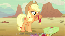 Size: 855x473 | Tagged: safe, screencap, character:applejack, medal, solo, youtube caption