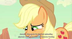 Size: 854x469 | Tagged: safe, screencap, character:applejack, solo, wat, youtube caption