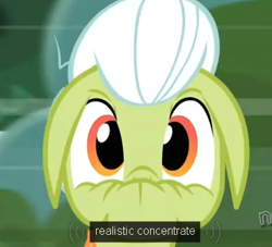 Size: 377x343 | Tagged: safe, screencap, character:granny smith, scrunchy face, youtube caption