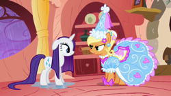 Size: 640x360 | Tagged: safe, screencap, character:applejack, character:rarity, episode:look before you sleep, g4, my little pony: friendship is magic, clothing, dress, froufrou glittery lacy outfit, hennin, wet, wet mane, wet mane rarity