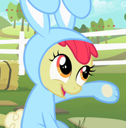 Size: 680x690 | Tagged: safe, screencap, character:apple bloom, episode:family appreciation day, g4, my little pony: friendship is magic, adorabloom, animal costume, bunny bloom, bunny costume, clothing, costume, cropped, cute, solo
