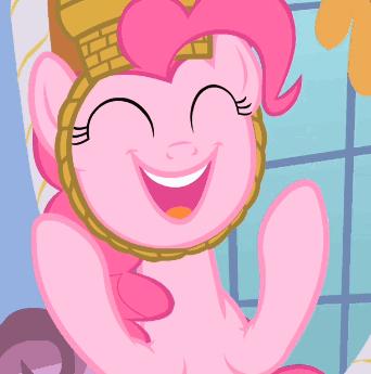 Size: 342x345 | Tagged: safe, screencap, character:pinkie pie, episode:party of one, g4, my little pony: friendship is magic, afterbirth day, animated, basket, basket hat, clapping, clothing, happy, hat, invitation