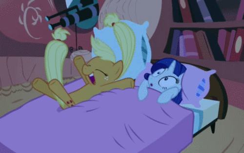 Size: 500x313 | Tagged: safe, screencap, character:applejack, character:rarity, episode:look before you sleep, g4, my little pony: friendship is magic, animated, it keeps happening