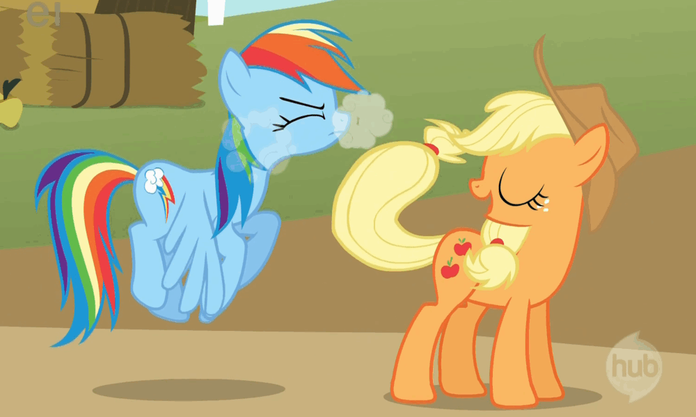 Size: 1000x600 | Tagged: safe, screencap, character:applejack, character:rainbow dash, species:earth pony, species:pegasus, species:pony, episode:fall weather friends, g4, my little pony: friendship is magic, animated, dust, dusting, eyes closed, female, flying, frown, mare, prehensile tail, slap, smiling, tail whip, talking