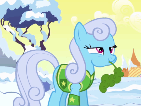 Size: 480x360 | Tagged: safe, screencap, character:linky, character:shoeshine, species:earth pony, species:pony, episode:winter wrap up, g4, my little pony: friendship is magic, animated, background pony, carrot, clothing, eating, female, food, loop, mare, plant team, puffy cheeks, solo, vest, winter wrap up vest