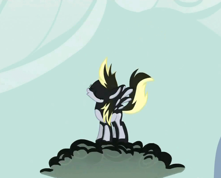 Size: 750x606 | Tagged: safe, screencap, character:derpy hooves, species:pegasus, species:pony, episode:the last roundup, g4, my little pony: friendship is magic, animated, bouncing, cloud, cloudy, eyes closed, female, flapping, i just don't know what went wrong, mare, open mouth, pronking, smiling, solo, stomping, stormcloud, talking