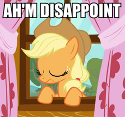 Size: 500x466 | Tagged: safe, screencap, character:applejack, curtains, disappoint, disappointed, disappointment, eyes closed, image macro, solo, window