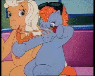 Size: 325x260 | Tagged: safe, screencap, character:bon bon (g1), character:clover (g1), character:melody, character:patch (g1), character:starlight (g1), character:sweetheart, character:teddy, g1, my little pony tales, animated, blowgun, fight, slingshot, spitball