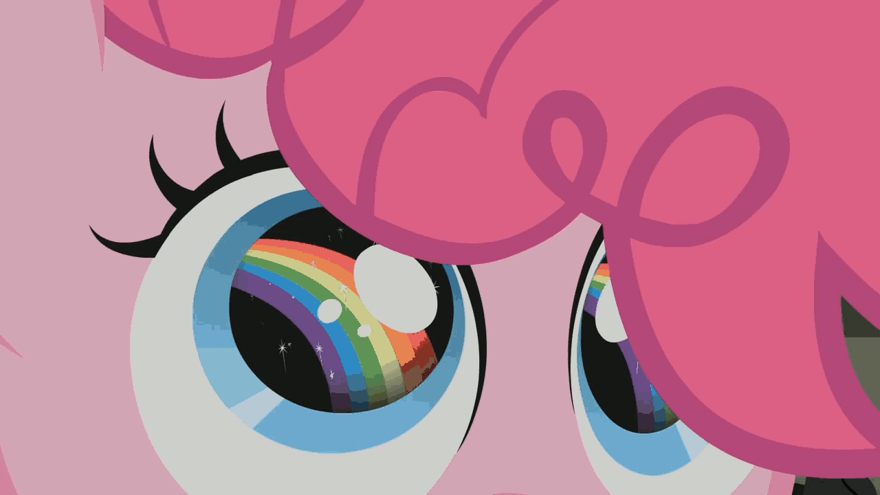 Size: 1280x720 | Tagged: safe, screencap, character:pinkie pie, species:earth pony, species:pony, episode:the cutie mark chronicles, g4, my little pony: friendship is magic, animated, dilated pupils, eyes on the prize, filly, filly pinkie pie, happy, looking up, open mouth, rainbow, rainbow eyes, rock farm, smiling, solo, starry eyes, wingding eyes, younger