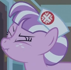 Size: 286x283 | Tagged: safe, screencap, character:nurse sweetheart, episode:read it and weep, g4, my little pony: friendship is magic, clothing, cropped, eyes closed, hat, scrunchy face, solo